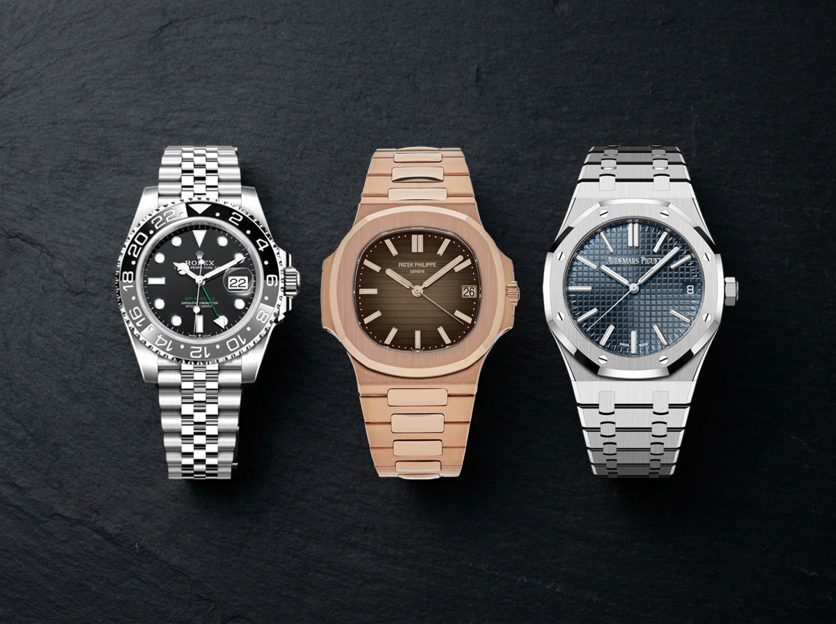 Pre-owned luxury watches including Rolex, Patek Philippe, and Audemars Piguet displayed on dark surface
