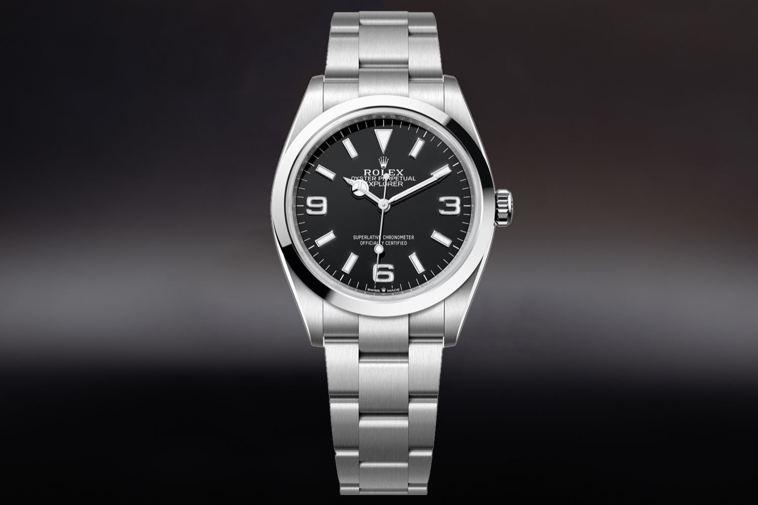 Rolex Explorer 36 stainless steel with smooth bezel and black dial 124270 on oyster bracelet