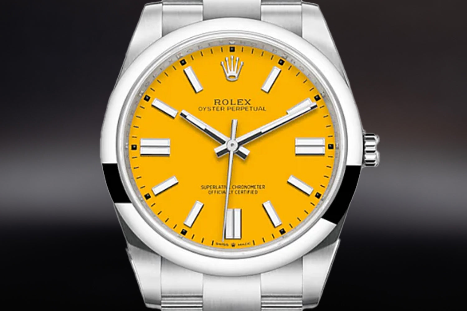 Rolex Oyster Perpetual 41 stainless steel with smooth bezel and Yellow Dial 124300
