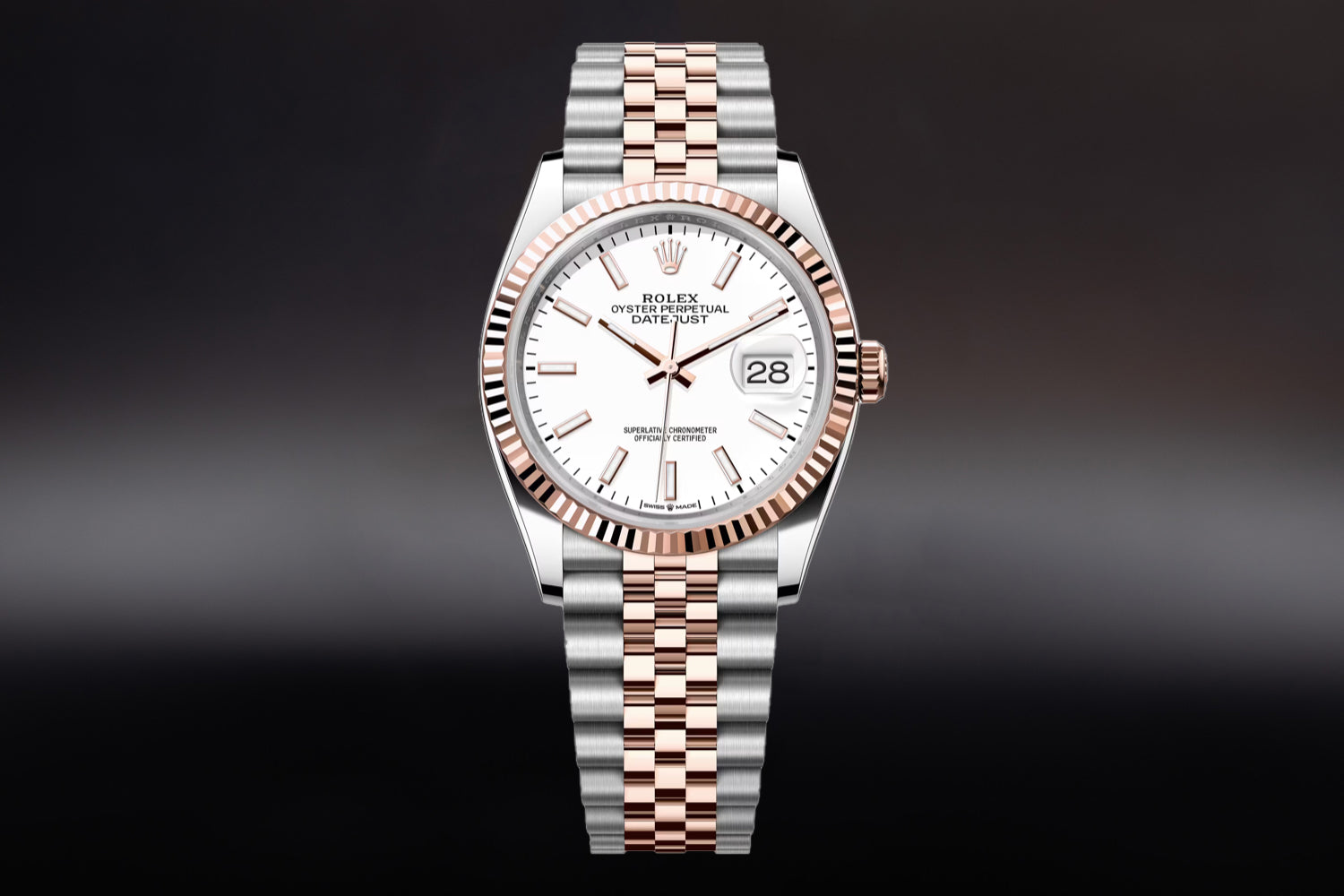 Rolex Datejust 36 Two Tone stainless steel and 18K Rose Gold Everose Rolesor with fluted bezel and White Dial 126231 on jubilee bracelet
