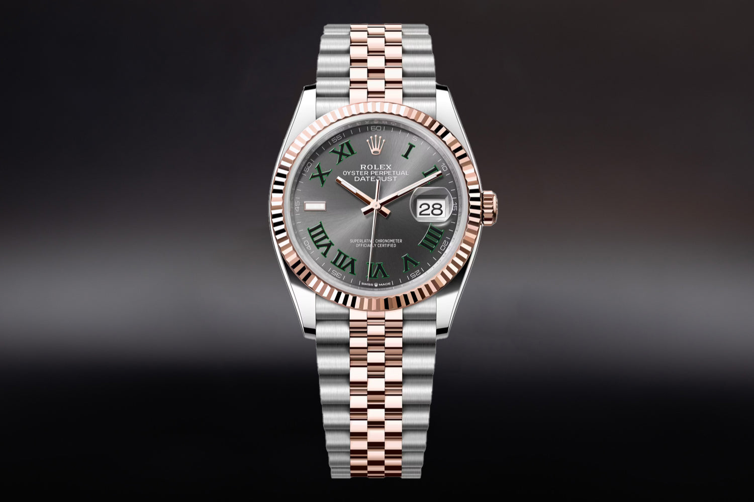 Rolex Datejust 36 Two Tone stainless steel and 18K Rose Gold Everose Rolesor with fluted bezel and Slate "Wimbledon" Dial 126231 on jubilee bracelet