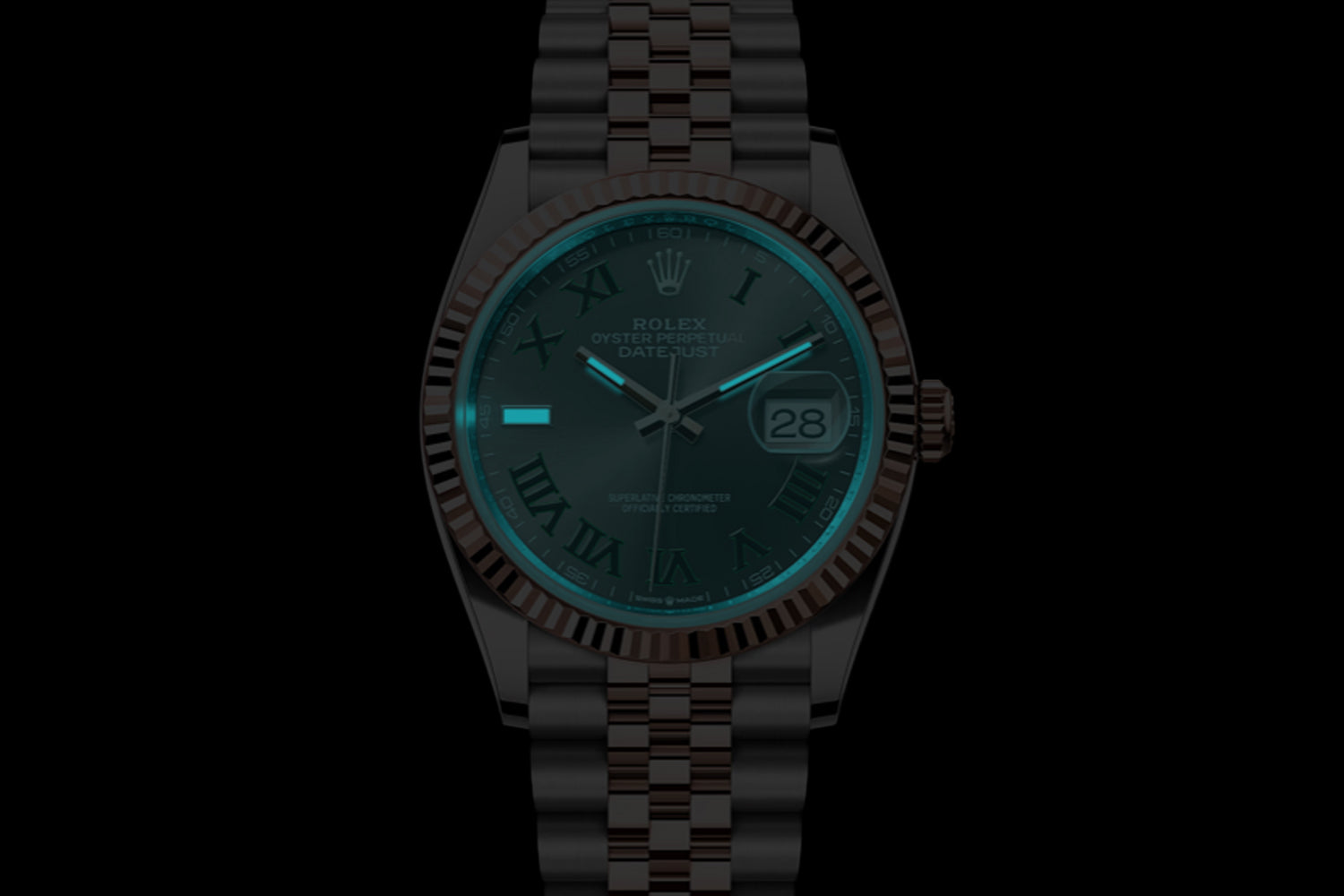 Rolex Datejust 36 Two Tone stainless steel and 18K Rose Gold Everose Rolesor with fluted bezel and Slate "Wimbledon" Dial 126231 lume