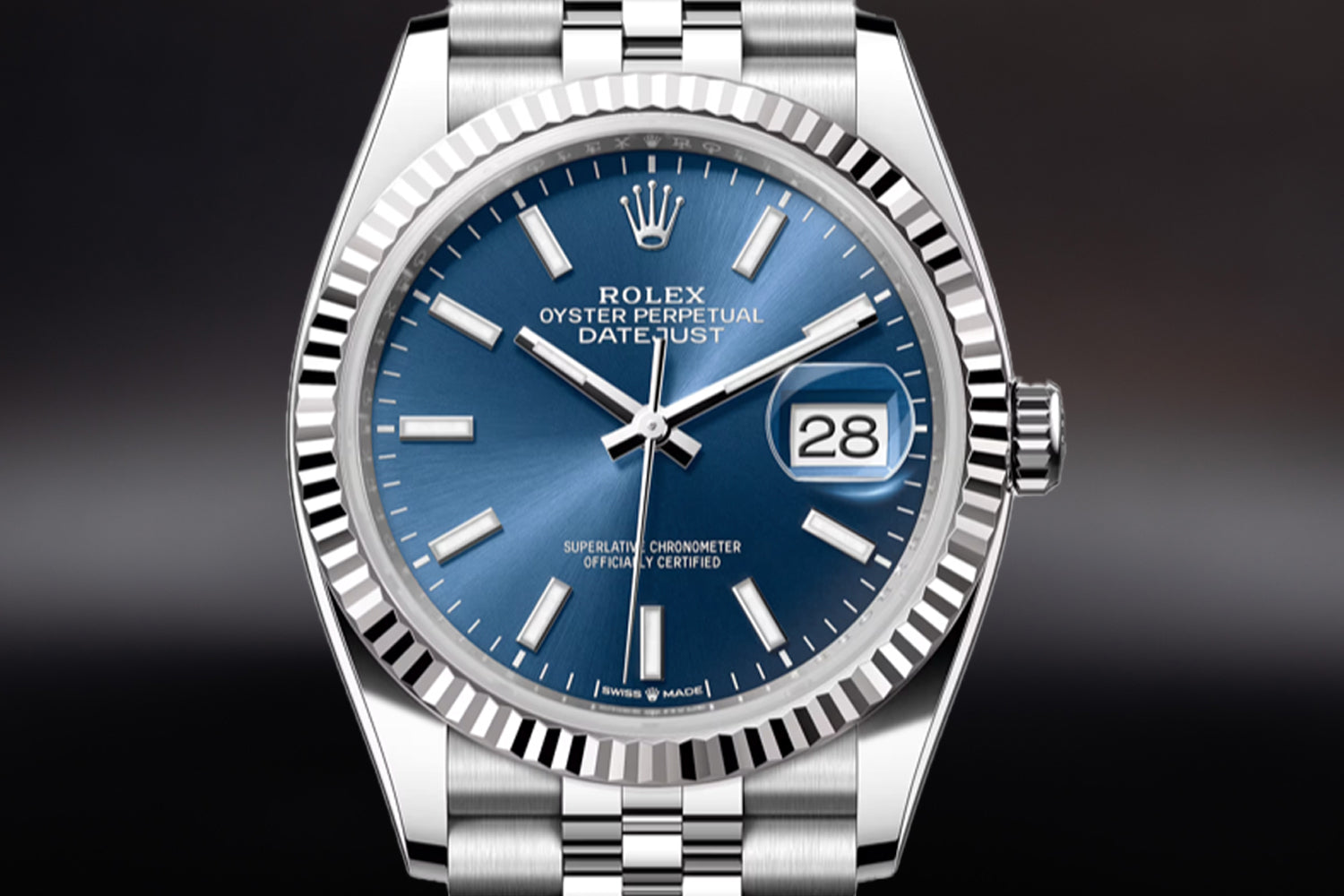 Rolex Datejust 36 stainless steel with 18K white gold fluted bezel and Blue Dial 126234