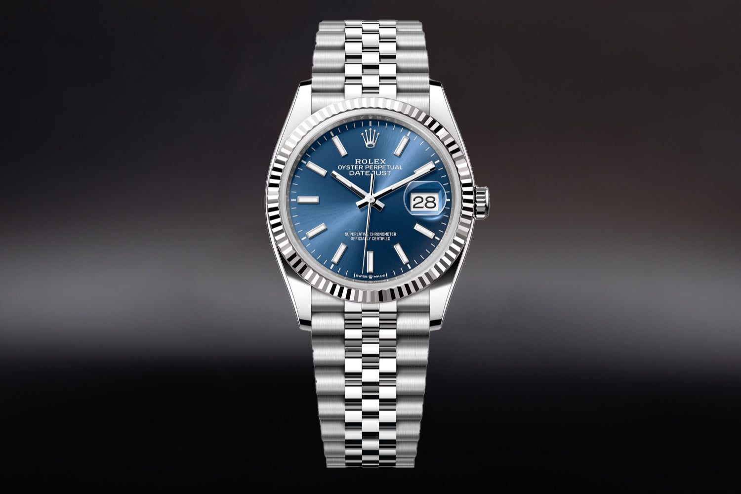 Rolex Datejust 36 stainless steel with 18K white gold fluted bezel and Blue Dial 126234 on jubilee bracelet
