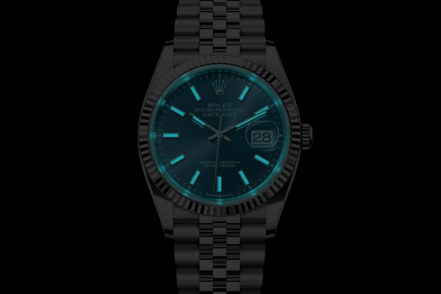 Rolex Datejust 36 stainless steel with 18K white gold fluted bezel and Blue Dial 126234 lume