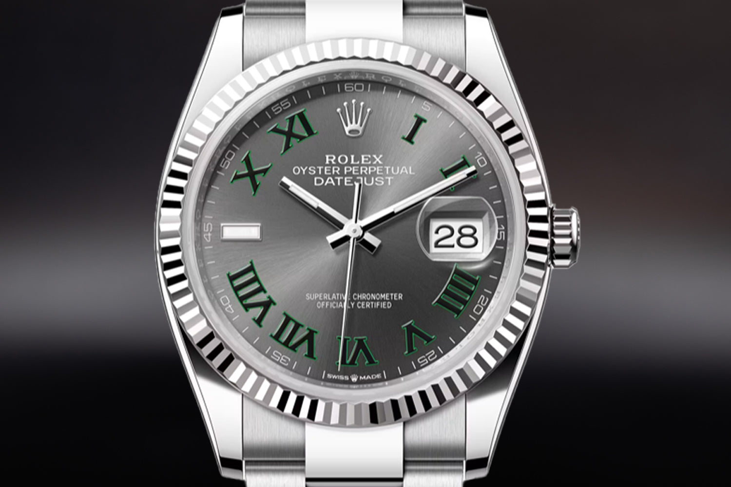 Rolex Datejust 36 stainless steel with 18K white gold fluted bezel and Slate "Wimbledon" Dial 126234