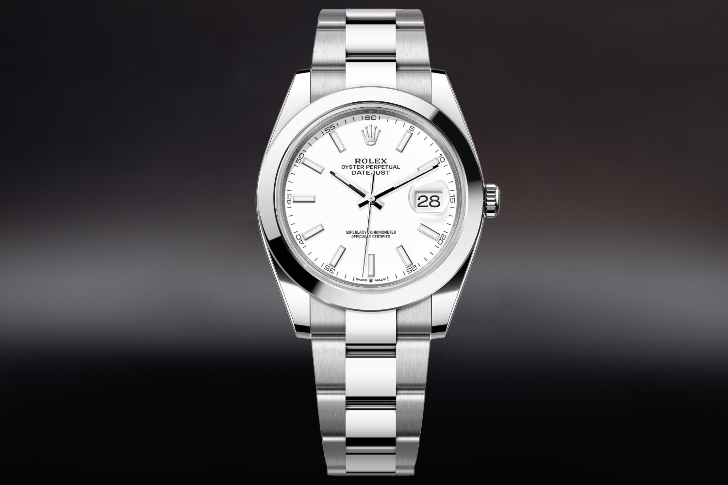 Rolex Datejust 41 stainless steel with smooth bezel White Dial 126300 on oyster bracelet