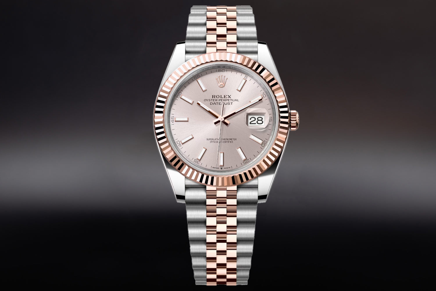 Rolex Datejust 41 Two Tone stainless steel and 18K Rose Gold Everose Rolesor with fluted bezel and Sundust Dial 126331 on jubilee bracelet