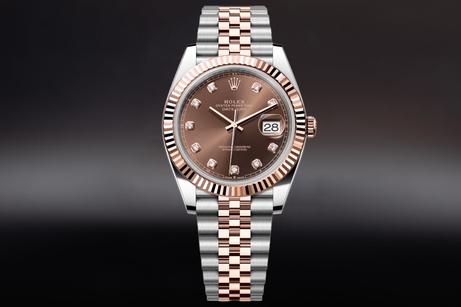 Rolex Datejust 41 Two Tone stainless steel and 18K Rose Gold Everose Rolesor with fluted bezel and Chocolate Diamond Set Dial 126331 on jubilee bracelet