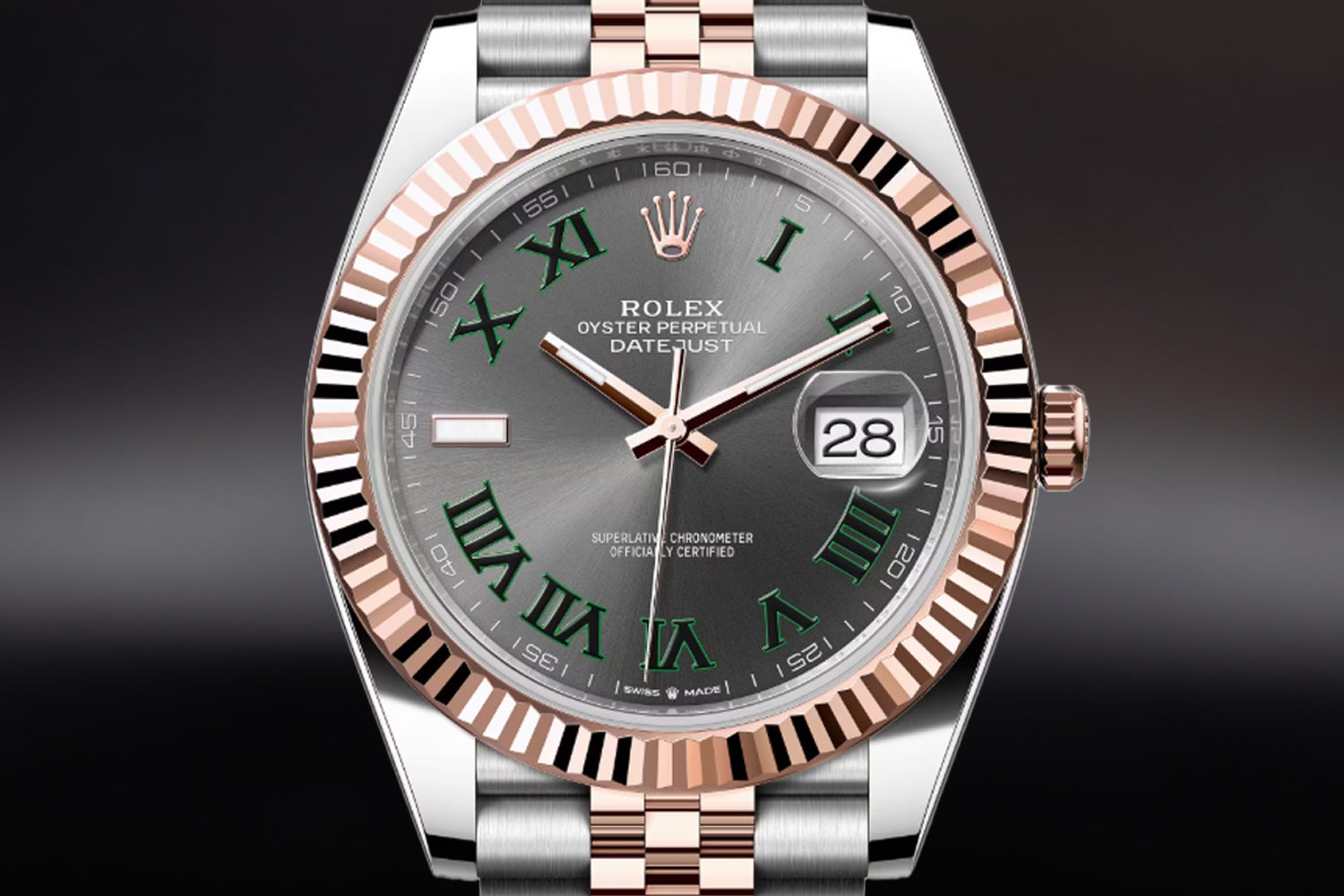 Rolex Datejust 41 Two Tone stainless steel and 18K Rose Gold Everose Rolesor with fluted bezel and Slate "Wimbledon" Dial 126331