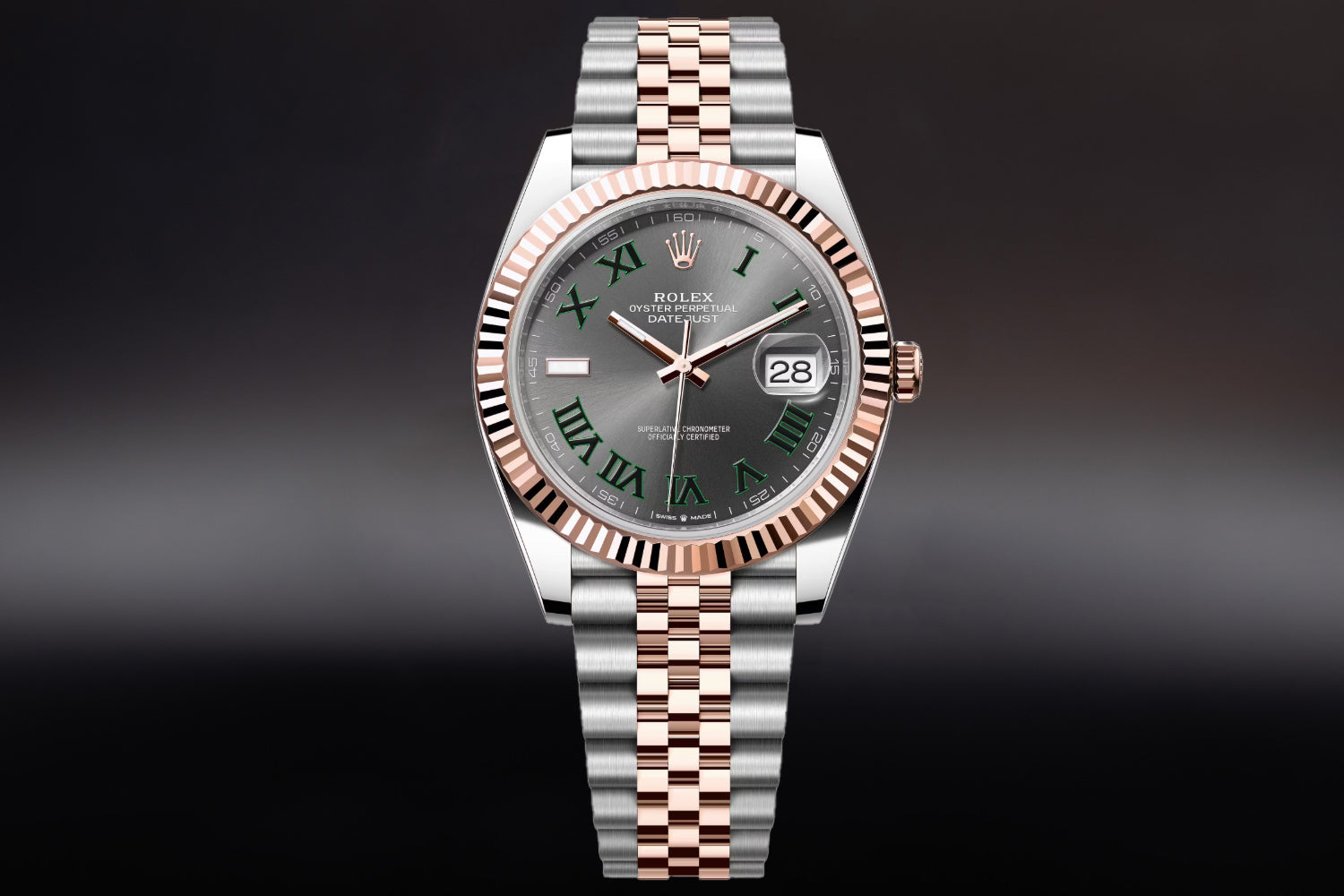 Rolex Datejust 41 Two Tone stainless steel and 18K Rose Gold Everose Rolesor with fluted bezel and Slate "Wimbledon" Dial 126331 on jubilee bracelet