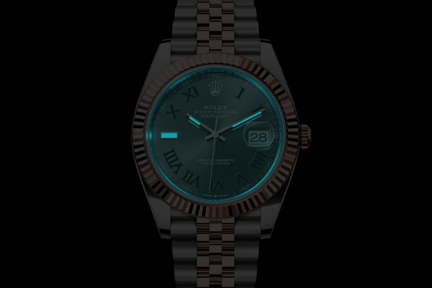 Rolex Datejust 41 Two Tone stainless steel and 18K Rose Gold Everose Rolesor with fluted bezel and Slate "Wimbledon" Dial 126331 lume