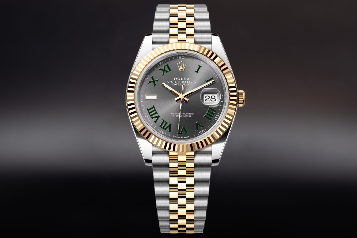 Rolex Datejust 41 Two Tone stainless steel and 18K Yellow Gold Rolesor with fluted bezel Slate "Wimbledon" Dial 126333 on jubilee bracelet