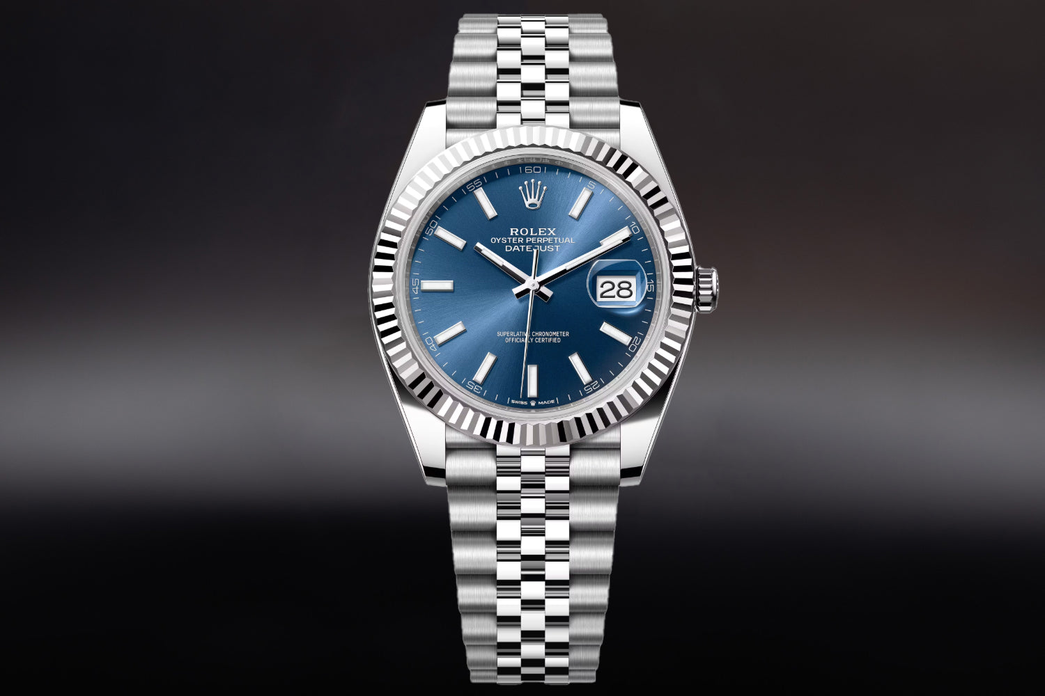 Rolex Datejust 41 stainless steel Bright Blue Dial 18K white gold fluted bezel 126334 on jubilee bracelet