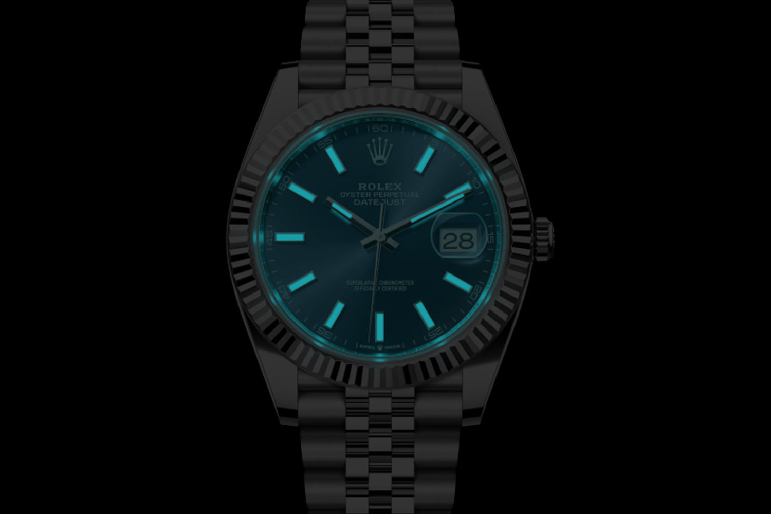 Rolex Datejust 41 stainless steel Bright Blue Dial 18K white gold fluted bezel 126334 lume