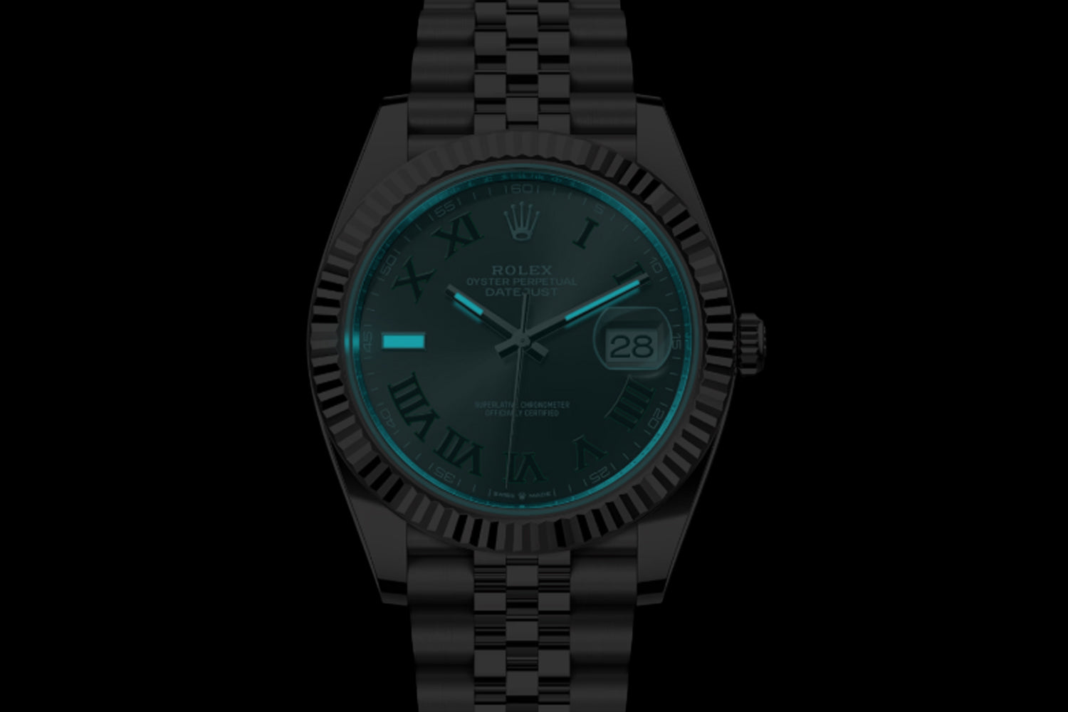 Rolex Datejust 41 stainless steel with 18K white gold fluted bezel Slate "Wimbledon" Dial 126334 lume