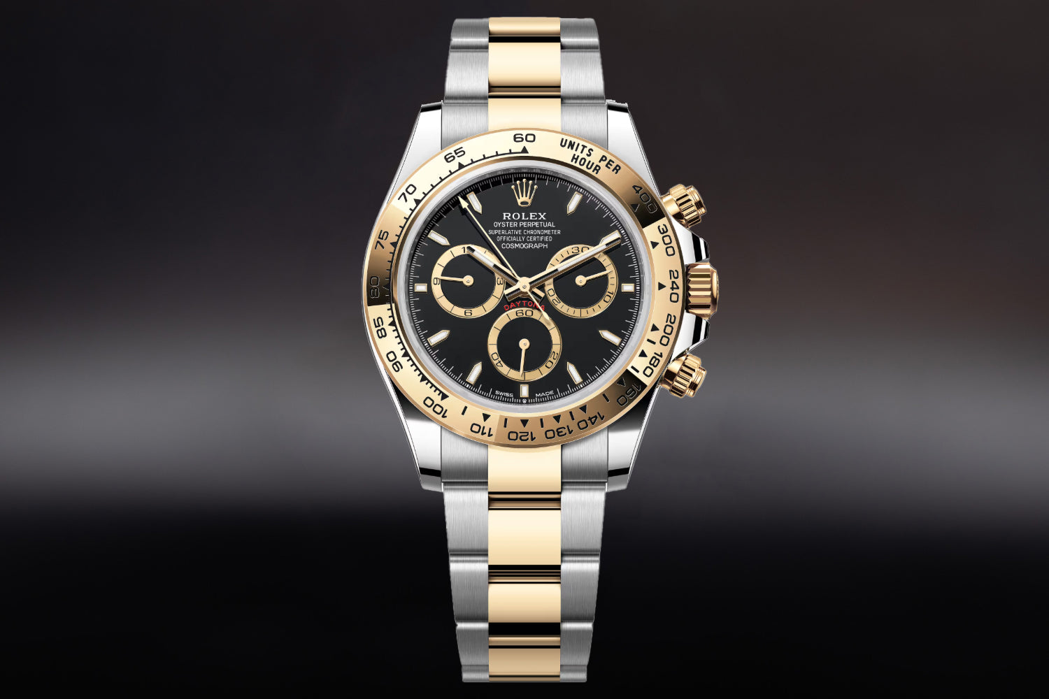 Rolex Cosmograph Daytona Two Tone stainless steel and 18K Yellow Gold Rolesor Black Dial with gold bezel 126503 on oyster bracelet