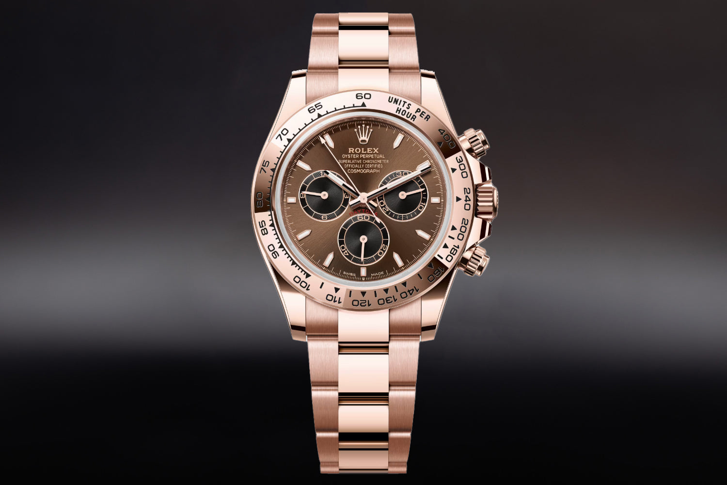 Rolex Cosmograph Daytona 18K Rose Gold Everose Chocolate Dial with gold bezel 126505 on oyster bracelet