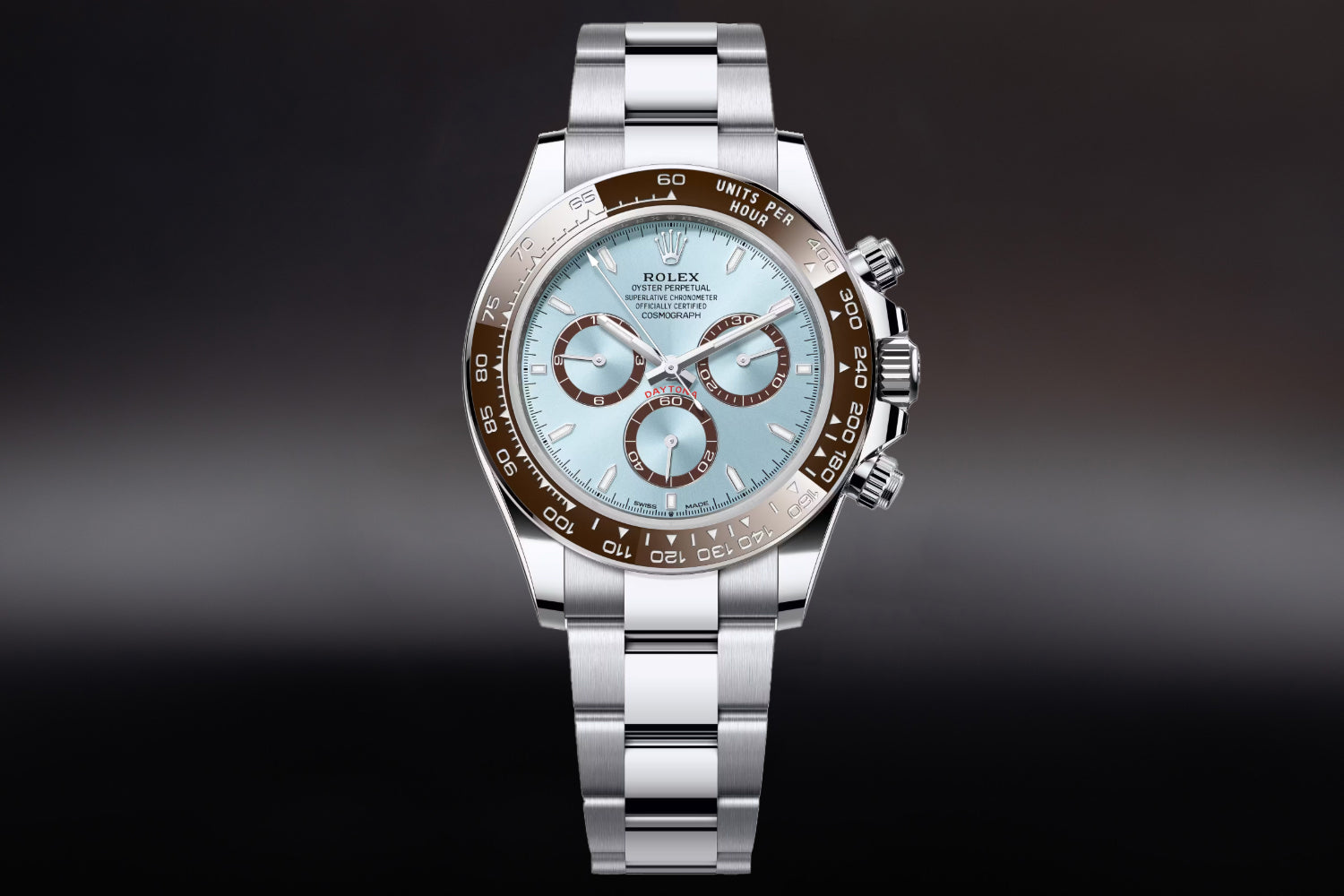 Rolex Cosmograph Daytona Platinum Ice Blue dial with brown ceramic bezel "Platona" 126506 on oyster bracelet