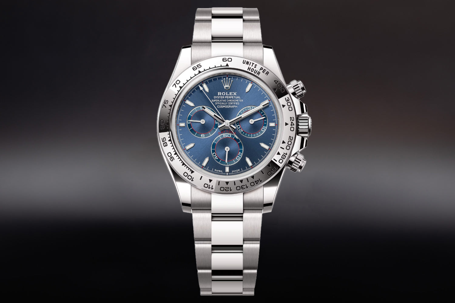 Rolex Cosmograph Daytona 18K White Gold Bright Blue Dial with white gold bezel 126509 on oyster bracelet