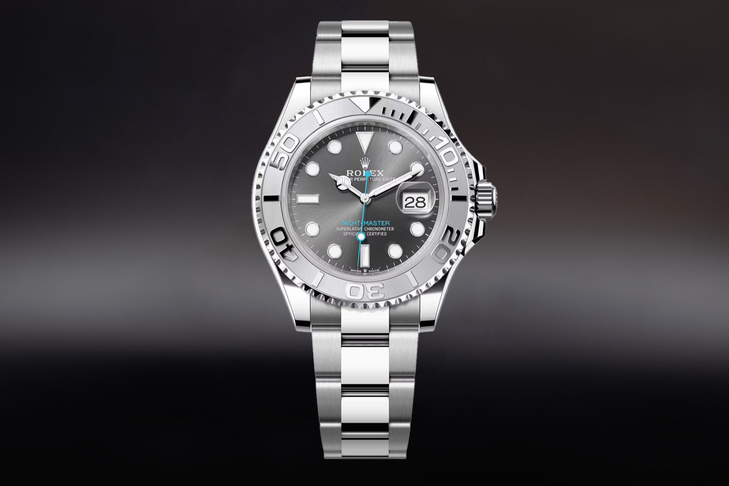 Rolex Yacht-Master 40 Platinum Rolesium Slate "Rhodium" Dial with blue seconds hand 126622 on oyster bracelet