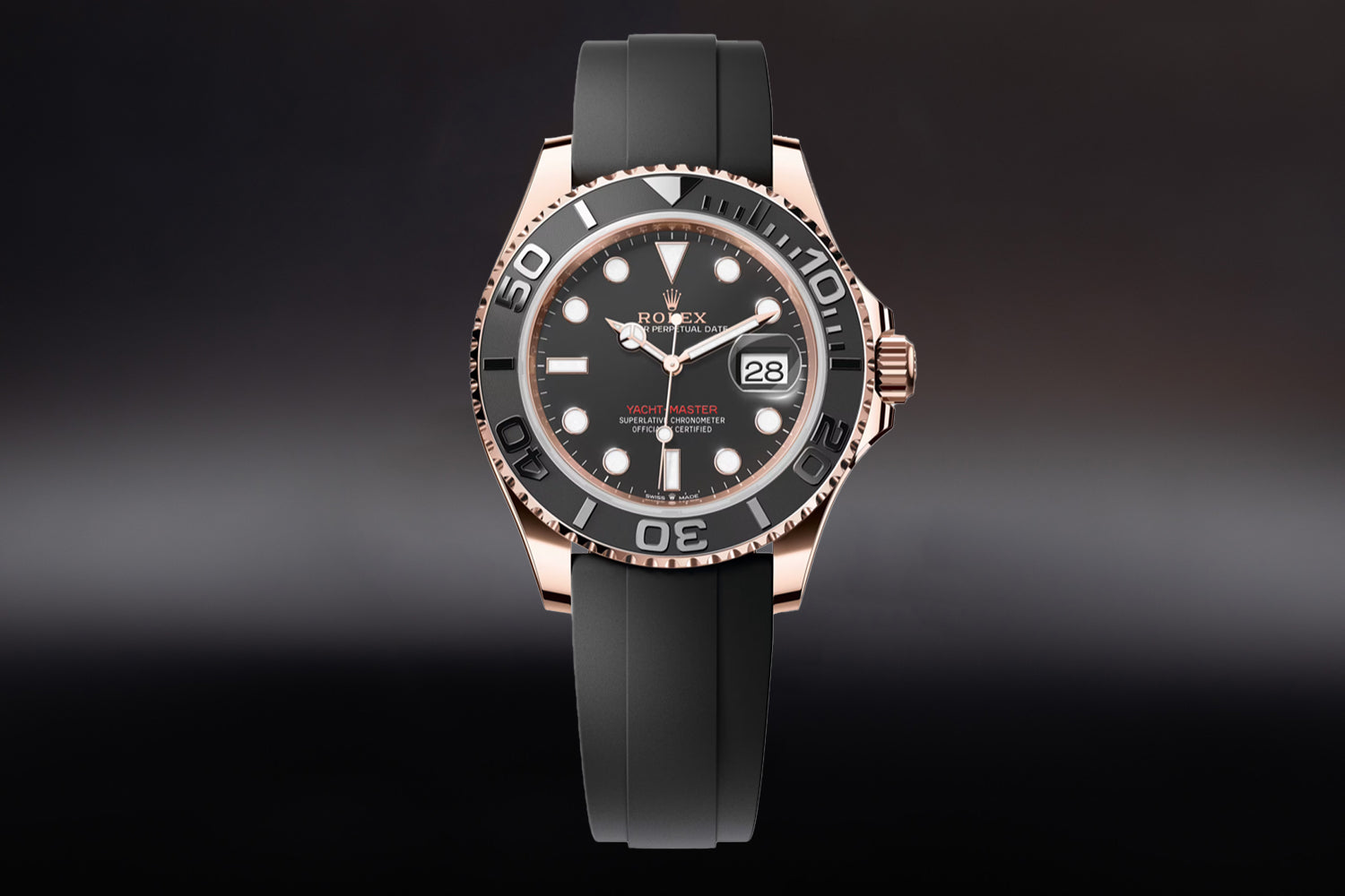 Rolex Yacht-Master 40 18K Rose Gold Everose with black ceramic bezel and Black Dial 126655 on oysterflex