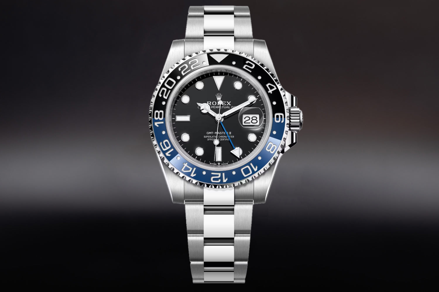 Rolex GMT-Master II stainless steel Black Dial with black and blue bezel "Batman" 126710BLNR on oyster bracelet