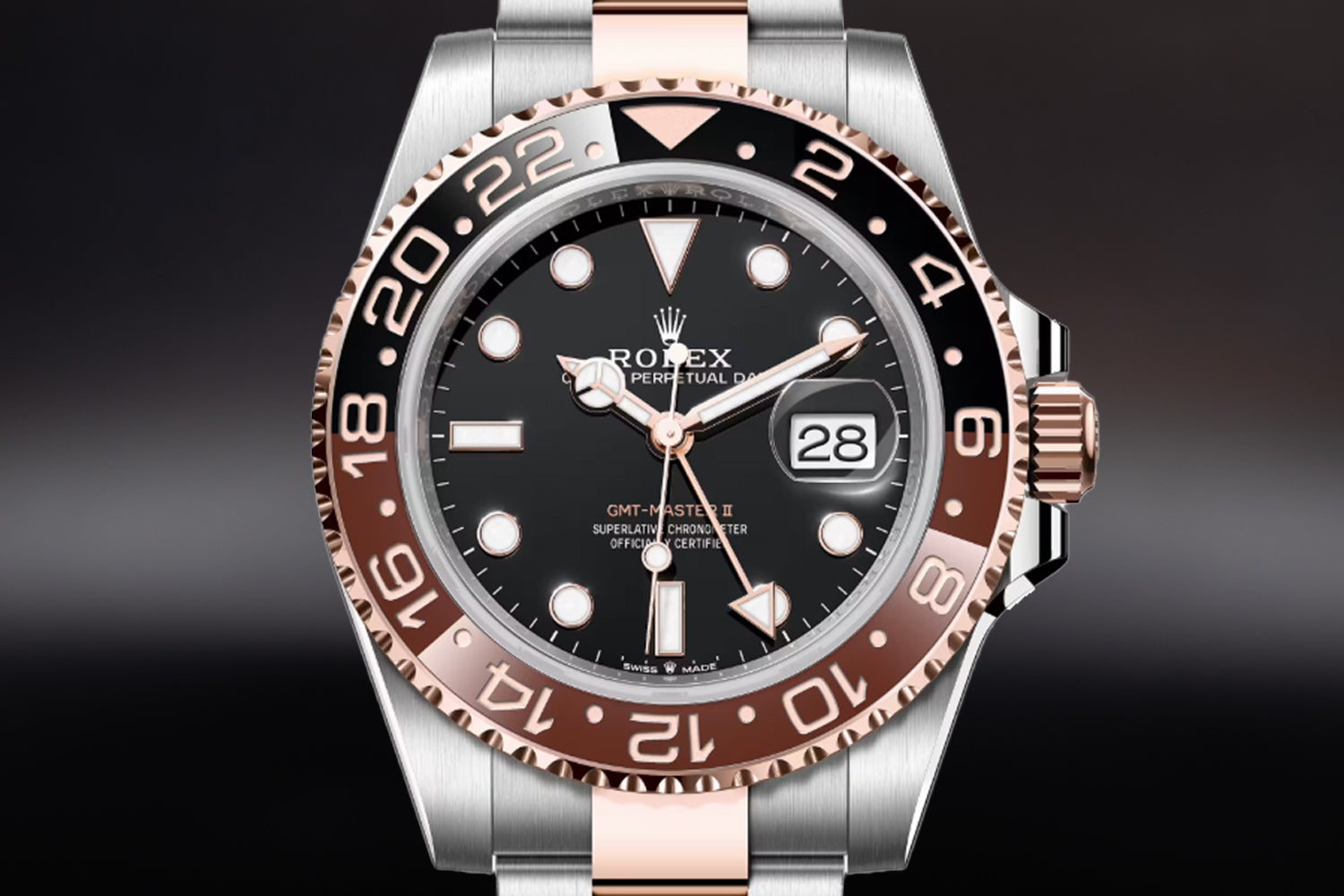 Rolex GMT-Master II Two Tone stainless steel and Rose Gold Everose Rolesor Black Dial with black and brown bezel "Rootbeer" 126711CHNR