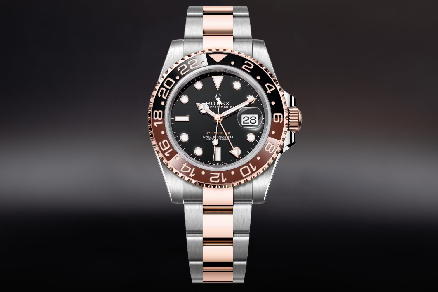 Rolex GMT-Master II Two Tone stainless steel and Rose Gold Everose Rolesor Black Dial with black and brown bezel "Rootbeer" 126711CHNR on oyster bracelet