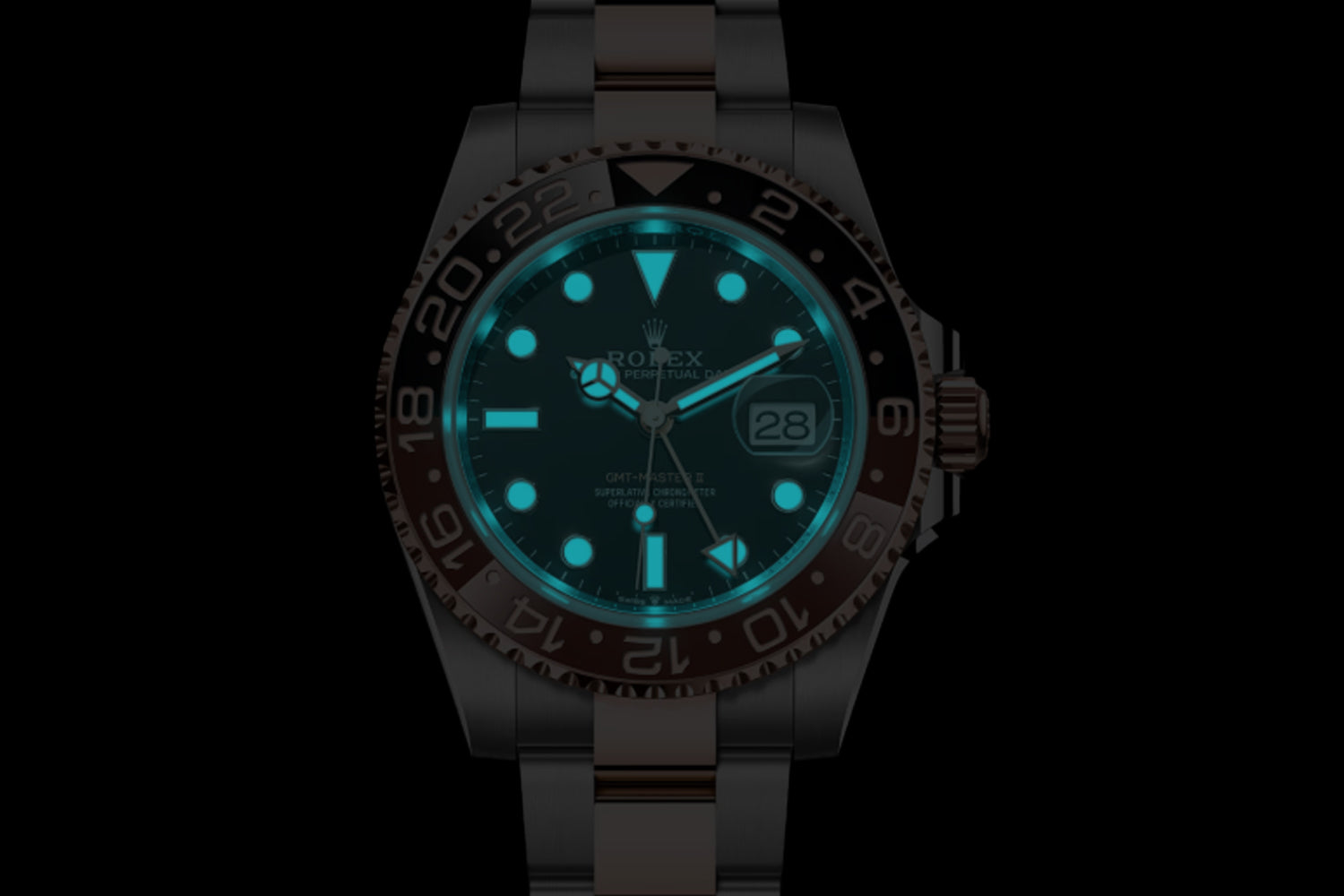 Rolex GMT-Master II Two Tone stainless steel and Rose Gold Everose Rolesor Black Dial with black and brown bezel "Rootbeer" 126711CHNR lume