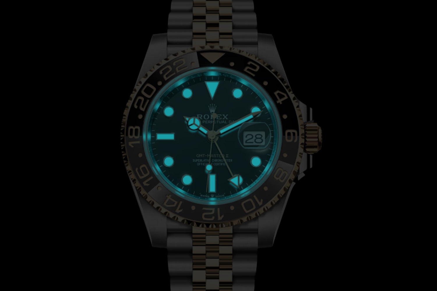 Rolex GMT-Master II Two Tone stainless steel and Yellow Gold Black Dial with black and grey bezel "Zombie" 126713GRNR lume
