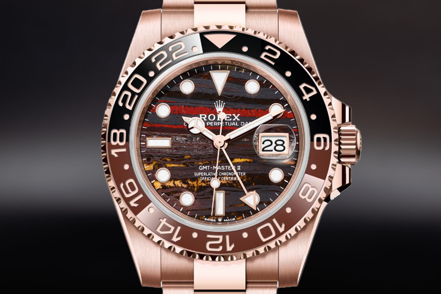 Rolex GMT-Master II 18K Rose Gold Everose Tiger Iron Dial with black and brown bezel 126715CHNR