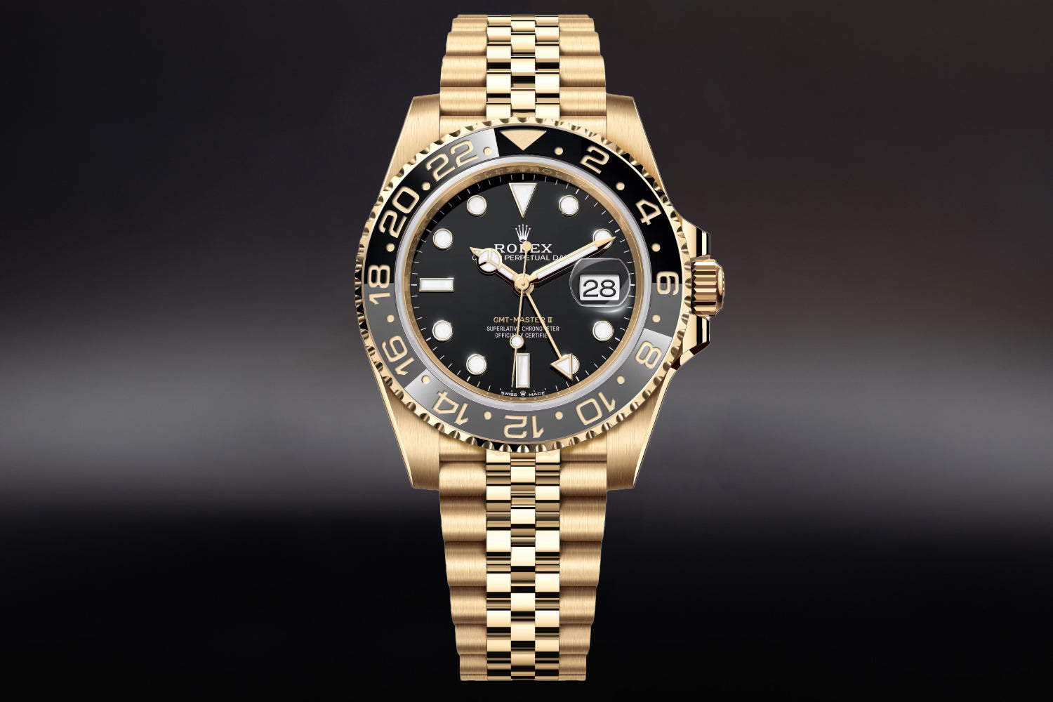 Rolex GMT-Master II 18K Yellow Gold Black Dial with black and grey bezel "Gold Zombie" 126718GRNR on jubilee bracelet