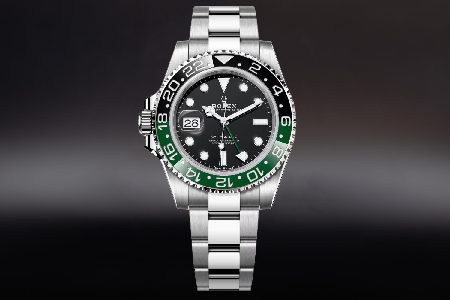 Rolex GMT-Master II stainless steel Black Dial with black and green bezel "Sprite" 126720VTNR on oyster bracelet