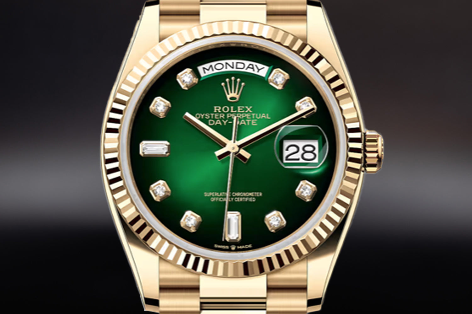 Rolex Day-Date 36 18K Yellow Gold Green Ombré Dial with diamond markers 128238