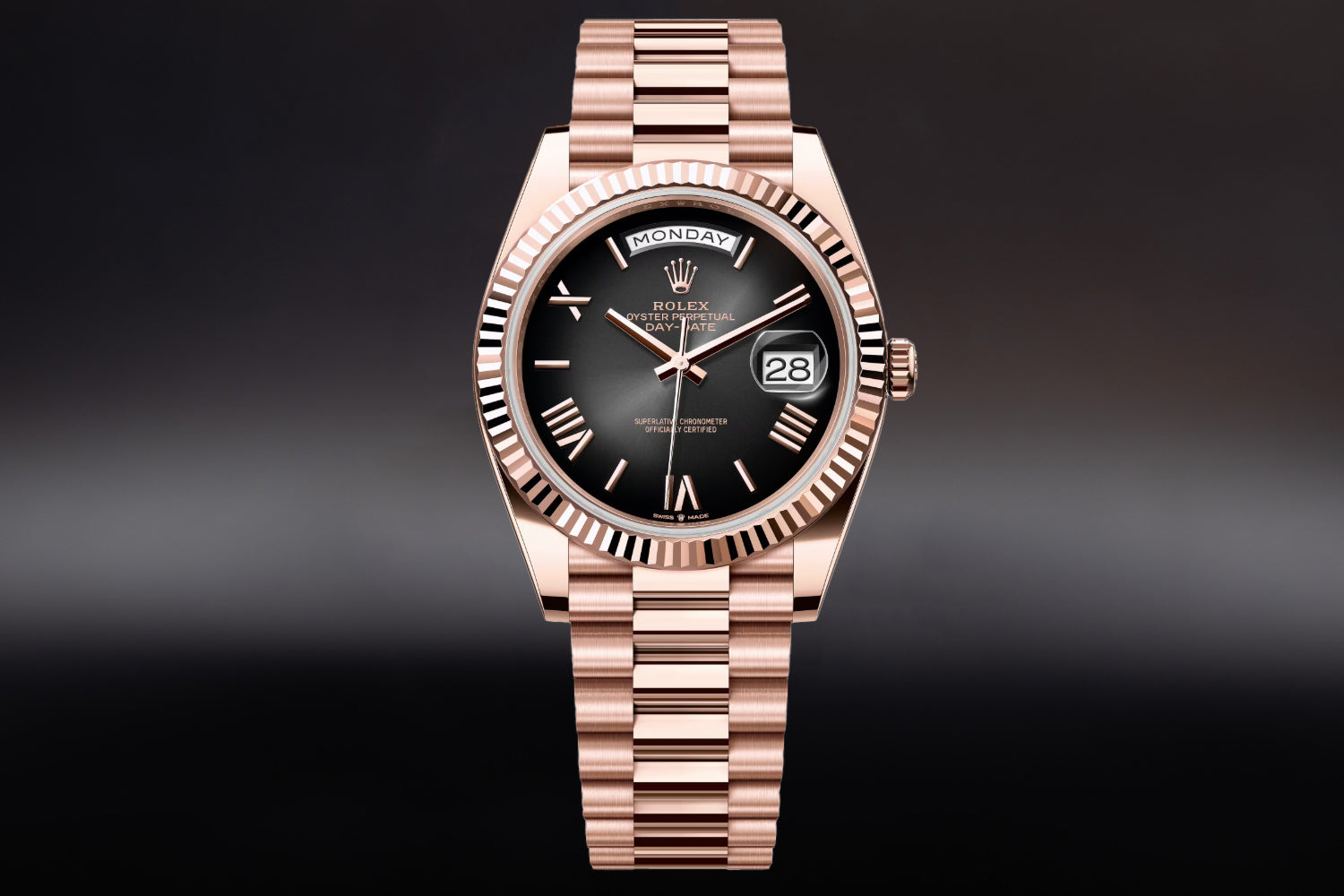 Rolex Day-Date 40 18K Rose Gold Everose with fluted bezel and Slate Ombré Dial 228235 on president bracelet