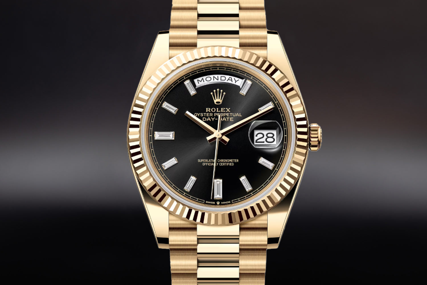 Rolex Day-Date 40 Yellow Gold Bright Black Diamond Set Dial 228238