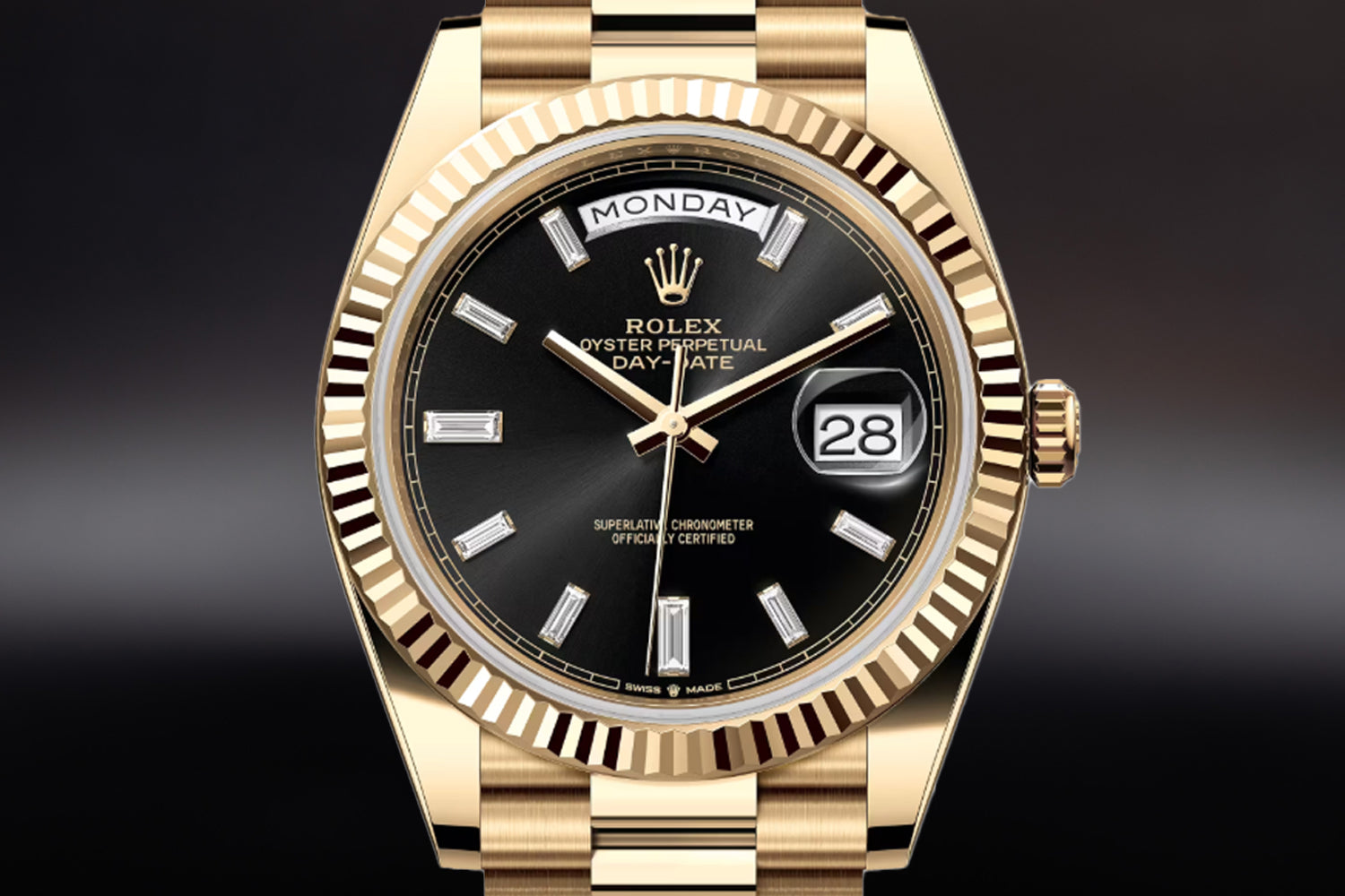 Rolex Day-Date 40 18K Yellow Gold with fluted bezel and Bright Black Diamond Set Dial 228238