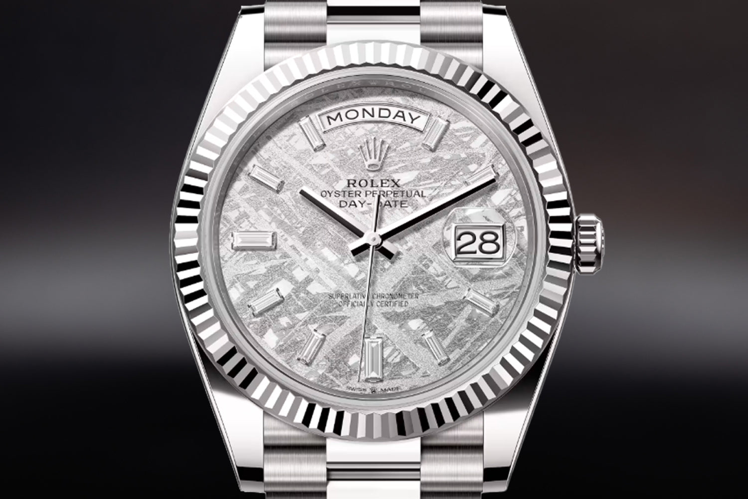 Rolex Day-Date 40 18K White Gold with fluted bezel and Meteorite Diamond Set Dial 228239