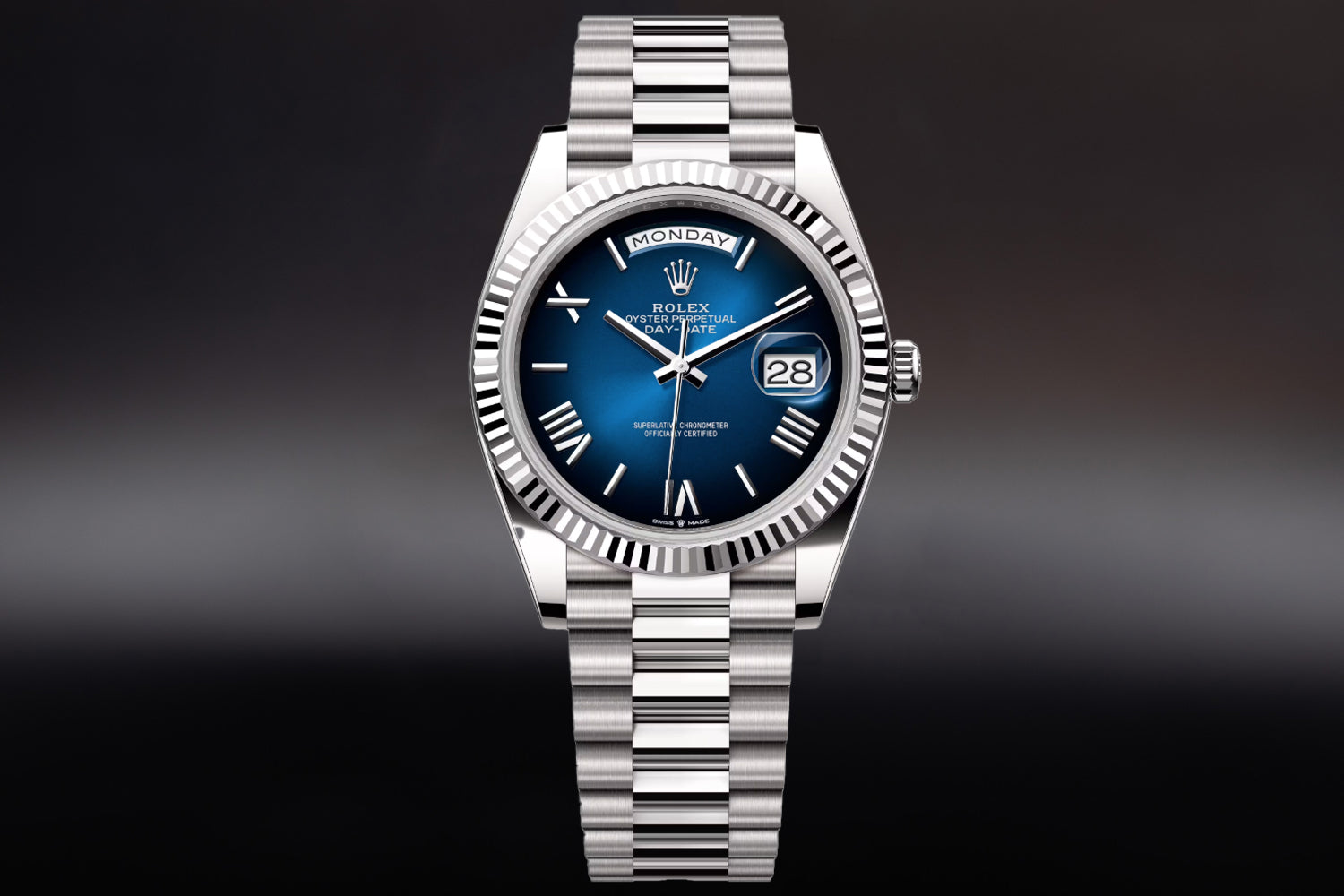 Rolex Day-Date 40 18K White Gold with fluted bezel and Blue Ombré Dial 228239 on president bracelet