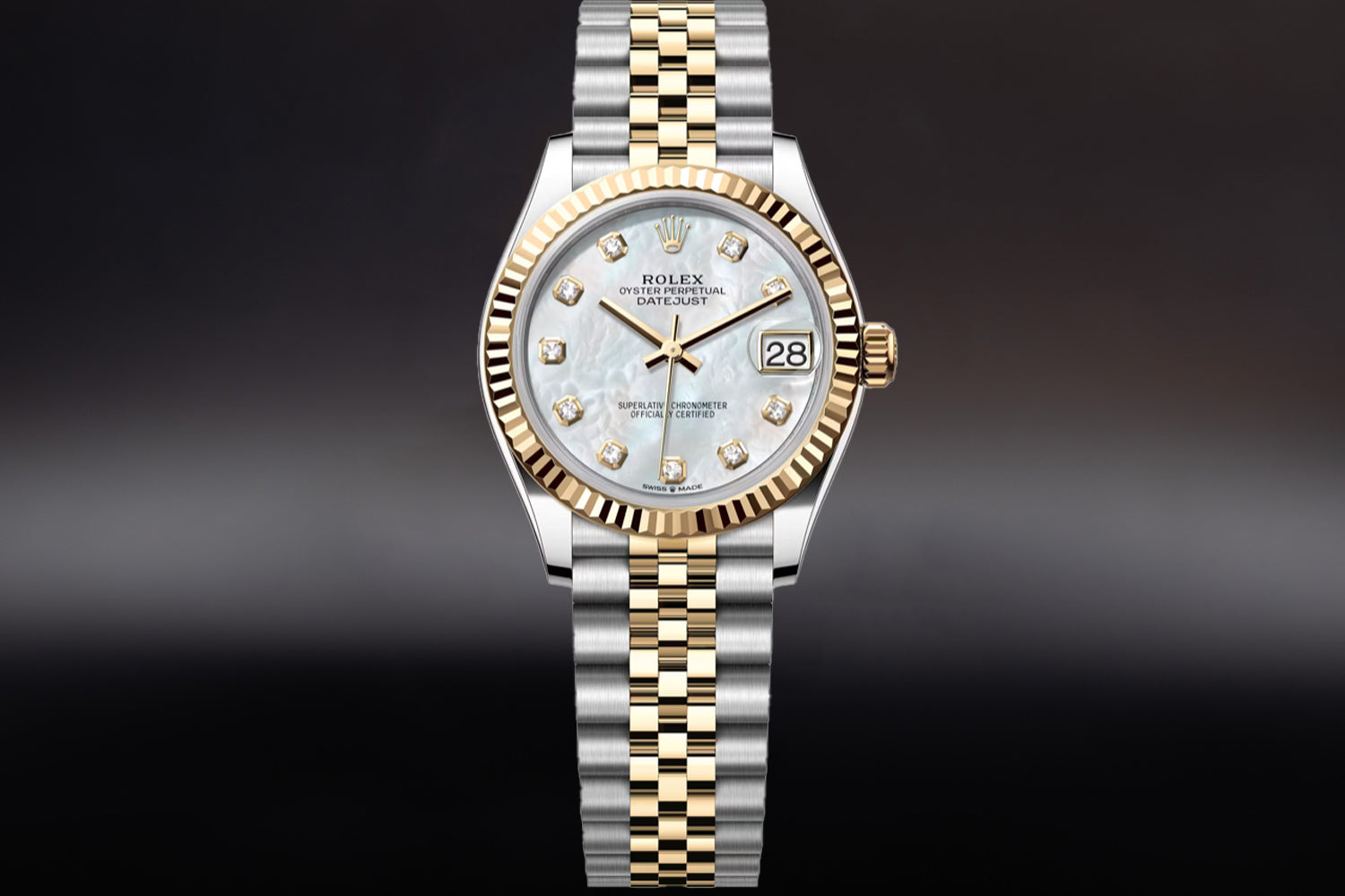 Rolex Datejust 31 Two Tone stainless steel and 18K Yellow Gold Rolesor with fluted bezel and Mother of Pearl (MOP) Diamond Set Dial 278273 on jubilee bracelet
