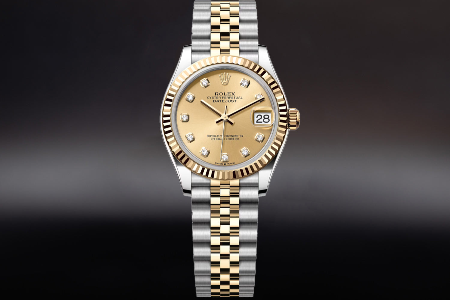 Rolex Datejust 31 Two Tone stainless steel and 18K Yellow Gold Rolesor with fluted bezel and Champagne Diamond Set Dial 278273 on jubilee bracelet