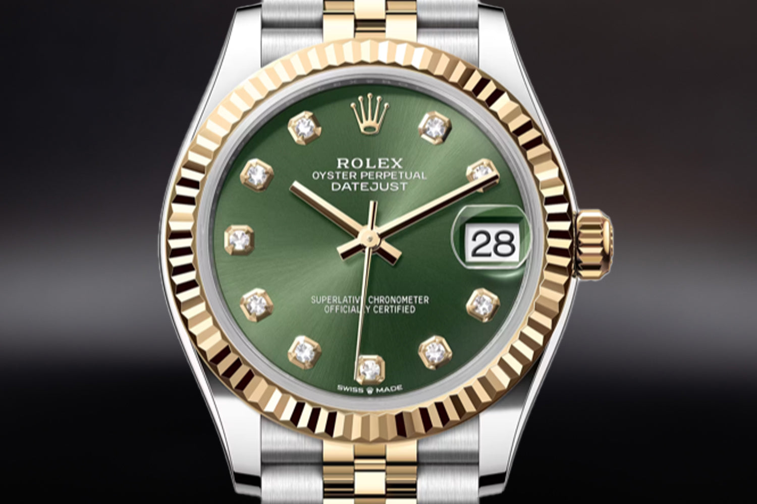 Rolex Datejust 31 Two Tone stainless steel and 18K Yellow Gold Rolesor with fluted bezel and Olive Green Diamond Set Dial 278273