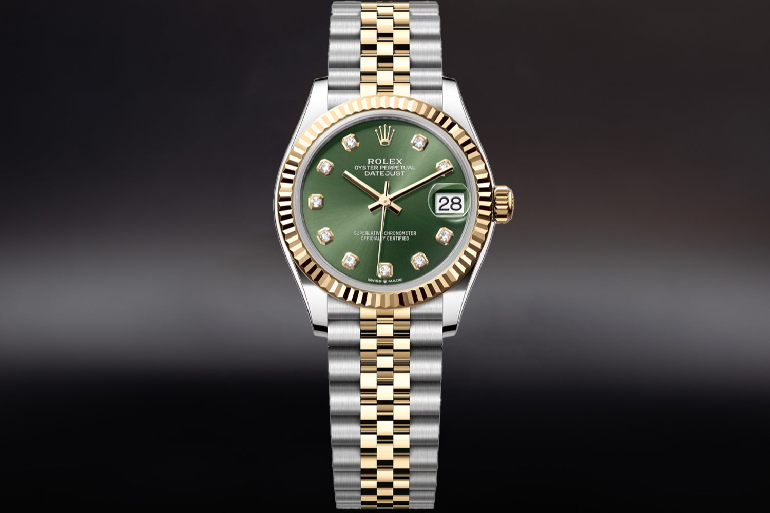 Rolex Datejust 31 Two Tone stainless steel and 18K Yellow Gold Rolesor with fluted bezel and Olive Green Diamond Set Dial 278273 on jubilee bracelet