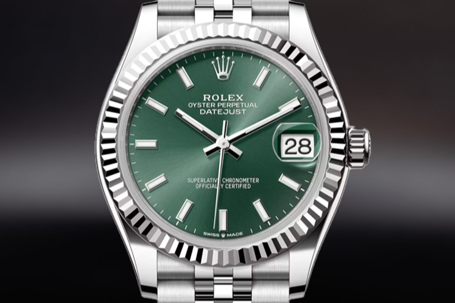 Rolex Datejust 31 stainless steel with 18K white gold fluted bezel and Mint Green Dial 278274
