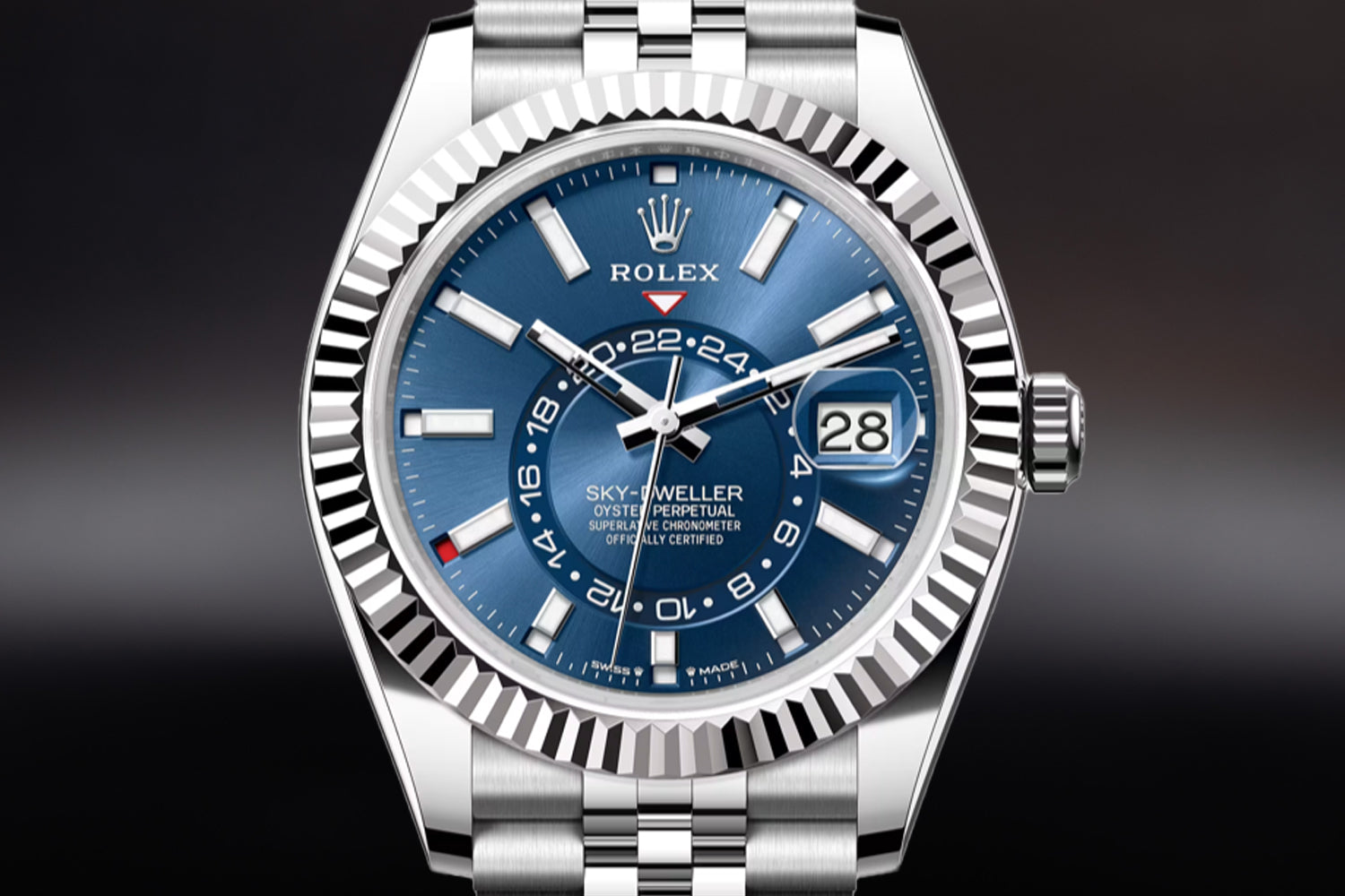 Rolex Sky-Dweller stainless steel with 18K white gold fluted bezel and Blue Dial 336934