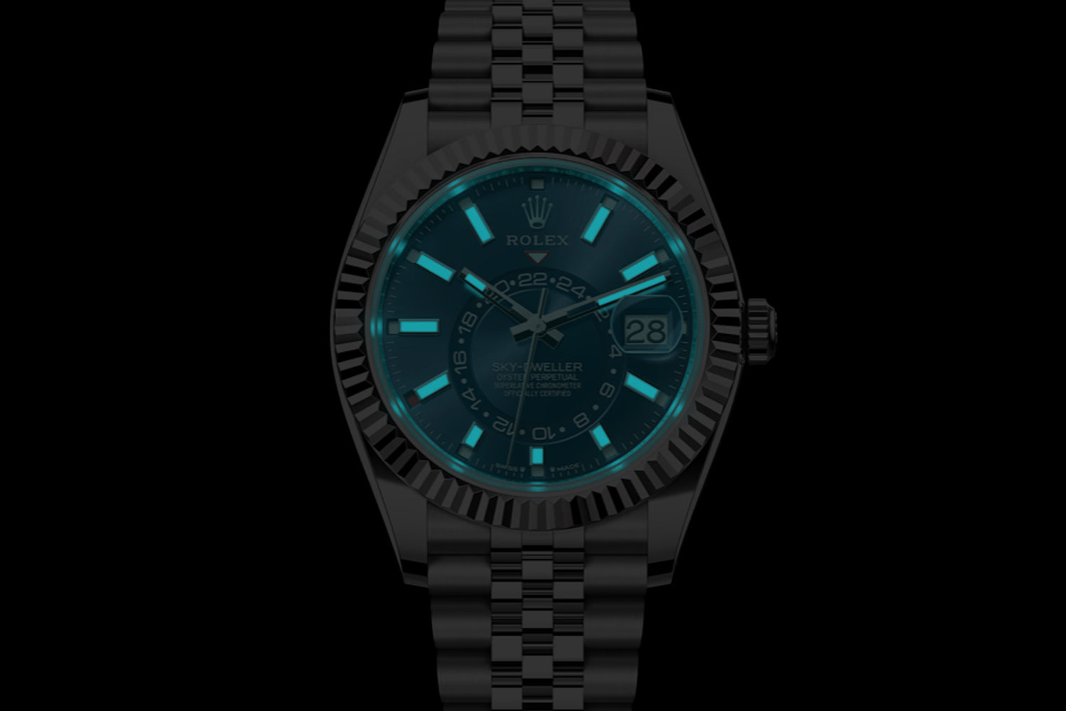 Rolex Sky-Dweller stainless steel with 18K white gold fluted bezel and Blue Dial 336934 lume