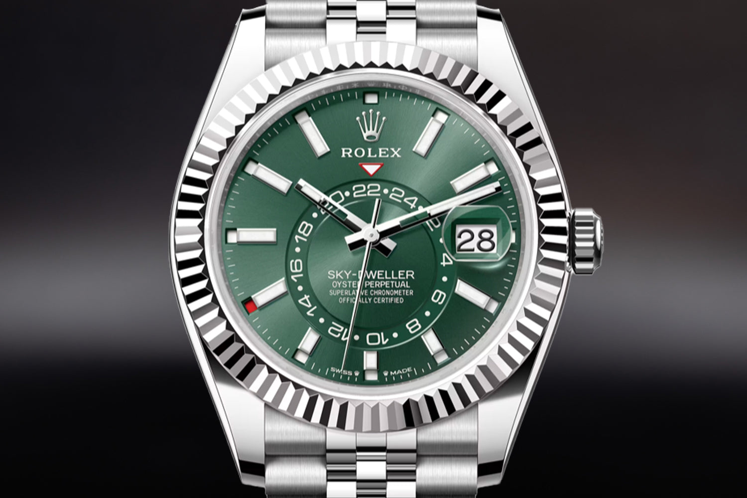 Rolex Sky-Dweller stainless steel with 18K white gold fluted bezel and Mint Green Dial 336934