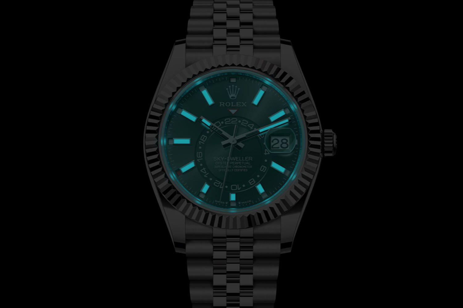 Rolex Sky-Dweller stainless steel with 18K white gold fluted bezel and Mint Green Dial 336934 lume