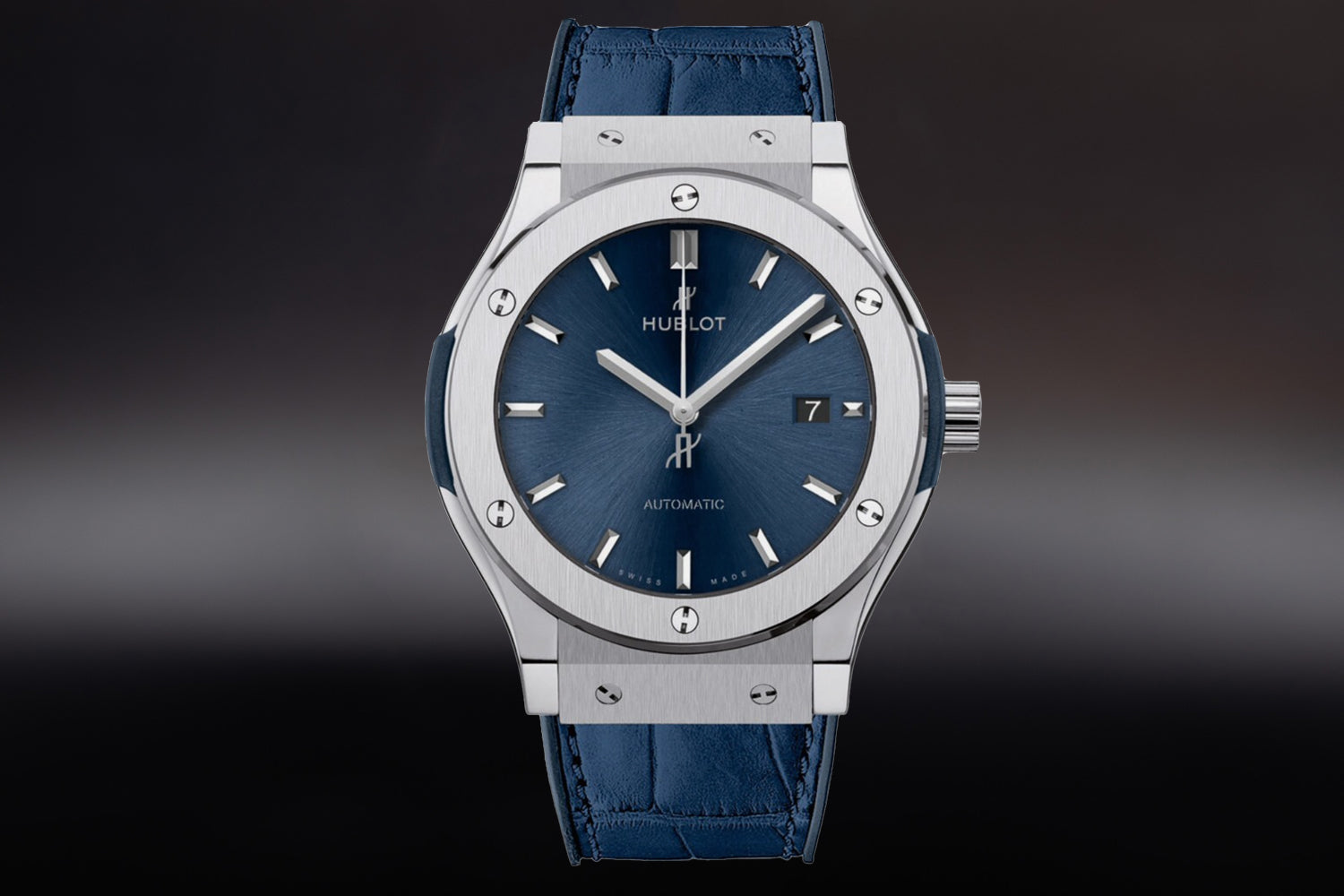 Hublot Classic Fusion Titanium Blue sunburst Dial with date 542.NX.7170.LR on blue alligator leather strap